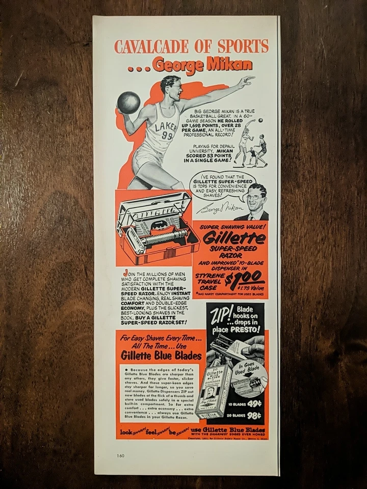 Anuncio impreso Gillette 1951. Baloncesto profesional George Milan LA Lakers  Foto 1 de 1
