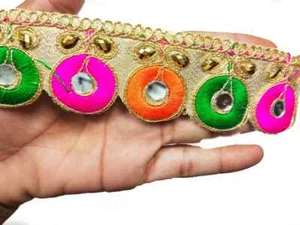 2 yard Mirror Trim Indian Multicolor Rhinestone Lace Faux Mirror Saree Trim - Picture 1 of 5