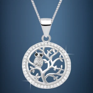 Lebensbaum Eule Kette 925 Sterling Silber Zirkonia Damen Jungen Halskette - Bild 1 von 4