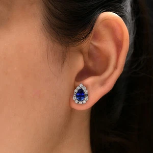 2.36 Tcw SI/H Baguette Diamond Blue Sapphire Pear Stud Earrings 14k White Gold - Picture 1 of 12