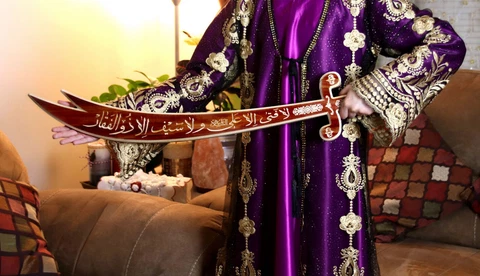 Handmade TWO Imam Ali Sword Islamic "La Fata Ela Ali" And Wooden Carving 5 Cover
