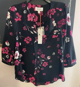 NEW! Elle Black Slinky Floral Top Size Small W/Front Pockets & Ruffles NEW! - Picture 1 of 4