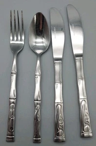 Kinder Bambus Silberbesteck 2 Messer Löffel Gabel 4er Set Edelstahl Vintage - Bild 1 von 2