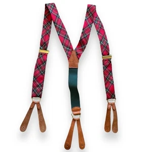 VTG Polo Ralph Lauren Tartan Red Plaid Silk Leather & Brass Suspenders Braces - Picture 1 of 10