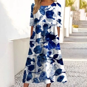 Blue White Size Small Dress Watercolor Midi Pleated Pockets Short Sleeve - Picture 1 of 12