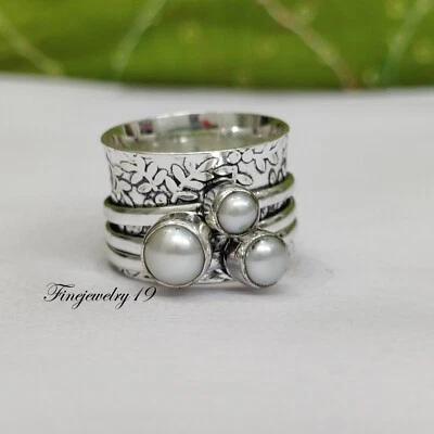 Anillo de Perlas Plata de Ley 925 Anillo Giratorio Meditación Hecho a Mano Joyería LO27 Foto 1 de 4