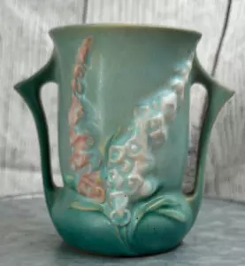 Vintage Roseville Keramik 42-4 Fingerhut grün rosa & weiß Vase = - Bild 1 von 7