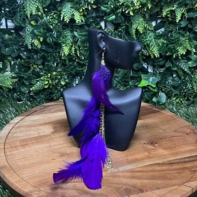 Earrings Women Gold Tone Purple Feather Earrings Dangle Drop 10 Inches 2126 - Image 1 of 4