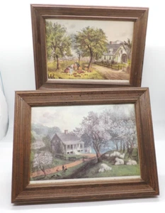 2 Currier & Ives American Homestead Framed Art Print Autumn Spring Farmhouse LOT - Picture 1 of 16