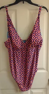 bleu ice, women's plus size 2X, one piece bathing suit, orange & blue diamond - Picture 1 of 3