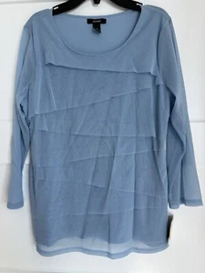 ALFANI Woman Blue Crew Neck Tiered 3/4 Sleeve Blouse Tunic Mesh Nylon - Picture 1 of 8