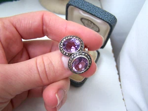 GORGEOUS VINTAGE 925 SOLID STERLING SILVER AMETHYST & MARCASITE EARRINGS STUDS - Picture 1 of 13