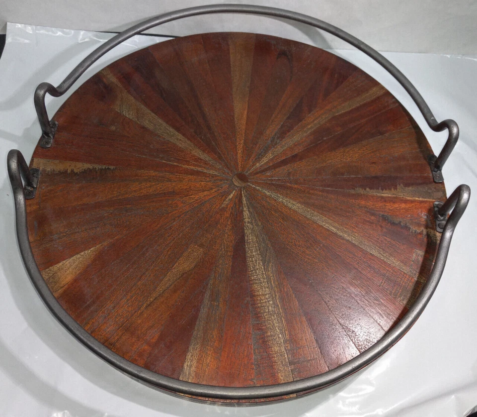 Vintage Large Round Wooden Serving Tray Circular Metal Handles - 17 3/4" - Image 1 of 4
