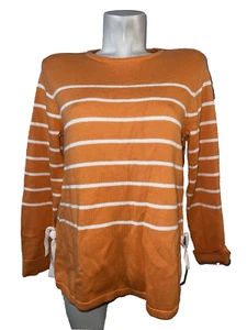New J. JILL Sweater Size M Orange White Stripe Tie Detail LS Knit Tunic Pullover - Picture 1 of 6