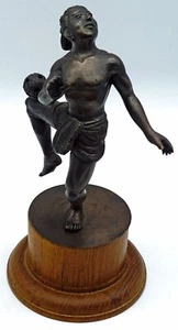 Vintage Bronze Figurine / Statue Asian Man with Soccer Ball on Wooden Base Video - Picture 1 of 12