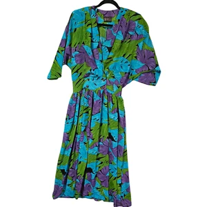 Vintage Regency Blouson Dress Size 16 80s Blue Green Purple V-Neck Dolman Aust - Picture 1 of 9