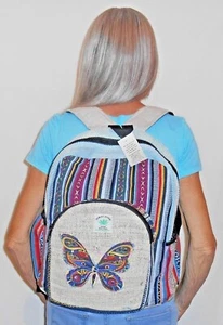 KATHMANDU NEPAL Handmade HEMP BACKPACK Multi-Color Stripe BUTTERFLY APPLIQUE - Picture 1 of 5