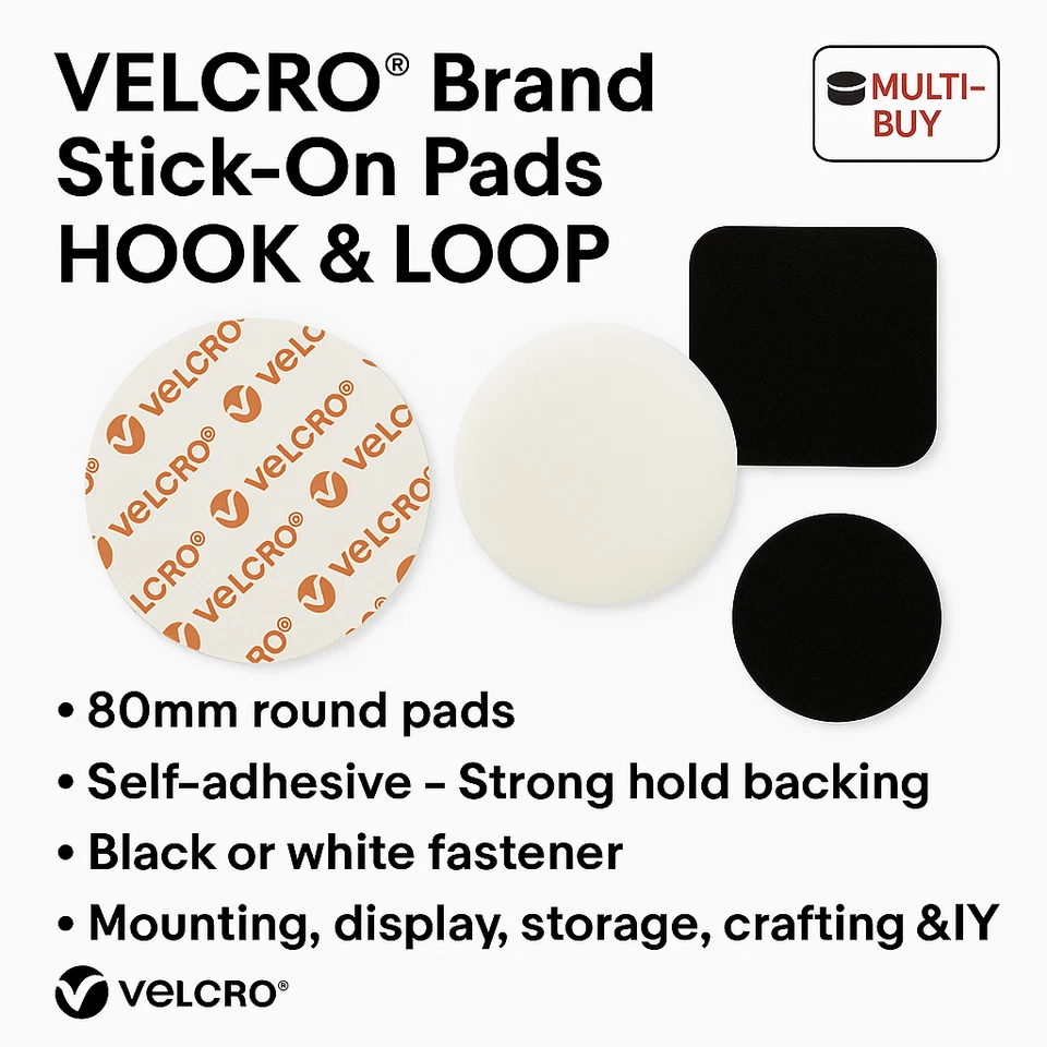 VELCRO® Stick-On Hook & Loop Dots – 80mm Round Pads – Black or White Fastener - Image 1 of 4