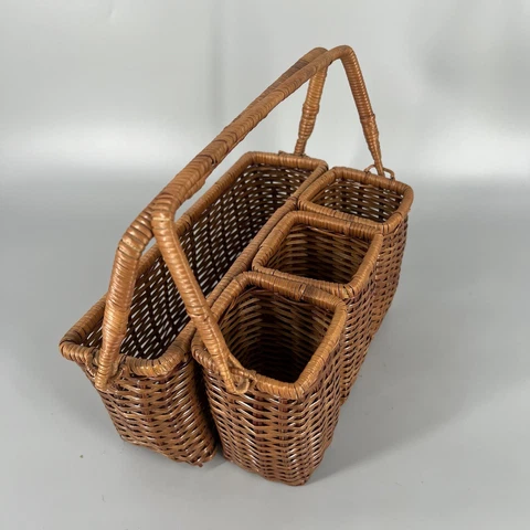 Vtg Wicker Basket Compartment Caddy Picnic Table Utensil Double Handle 4 Section Cover