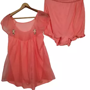 Vintage 1960s Baby Doll Pajamas L 2 Piece Set Pink Nylon Sheer Top Bloomers Sexy - Picture 1 of 24