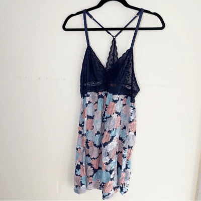 Josie Natori Seda Encaje Recortado Espalda Corredora Chemise Vestido Sin Mangas Lencería S Azul Foto 1 de 4