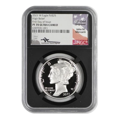 Palladium Eagle 2021-W $25 NGC PF-70 ULTRA CAMAFEO alto relieve primer día de emisión Foto 1 de 2
