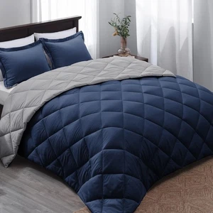 Queen Comforter Set - Navy Blue Comforter Set Queen Size, Reversible Bed Comf... - Picture 1 of 8