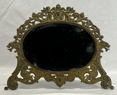 Antique Victorian Cast Iron Cherubs Gargoyles Beveled Dresser Vanity Mirror - Image 1 of 4