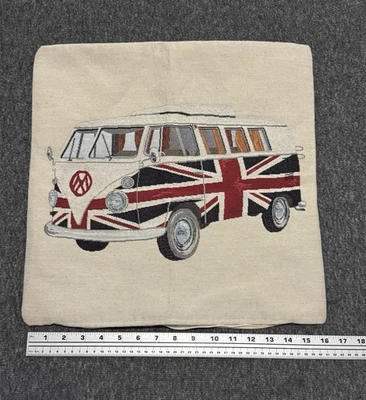 Vintage Volkswagen 12 window bus with UK Flag 23x23 square pillow  - Image 1 of 4