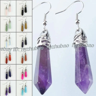 Natural Gems Hexagonal Crystal Healing Reiki Chakra Silver Hook Dangle Earrings - Image 1 of 4