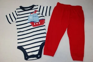 Baby Boys WHITE BLUE STRIPE S/S SHIRT Bodysuit PIRATE SHIP Red Knit Pants 24 MO - Picture 1 of 1