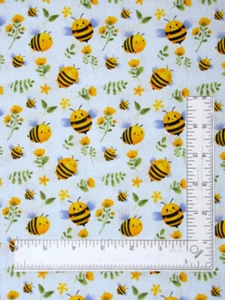 Bumble Bee Fabric By The Yard Bees Flowers Toss Light Blue Cotton by RTC Fabrics - Picture 1 of 1