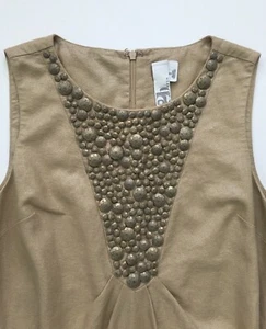 2b.Rych Gold Linen Dress 8 Beaded Sleeveless Cotton Lined Champagne Tan Metallic - Picture 1 of 10