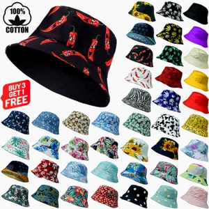 Unisex 100% Cotton Bucket Hat Boonie Hunting Fishing Outdoor Reversible Cap - Picture 1 of 112