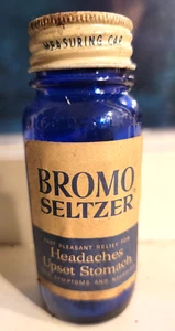 VTG BROMO SELTZER COBALT MEDICINE BOTTLE ORIG PAPER LABEL EMERSON DRUG CO 1920S - Picture 1 of 4