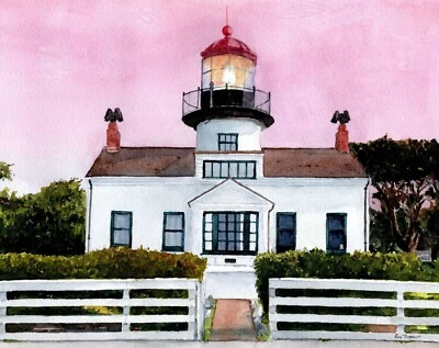 Point Pinos Lighthouse Sunset, Pacific Grove CA. Rob Thorpe watercolor landscape - Image 1 of 2