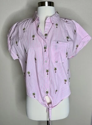 Andrew Marc Mujer Rosa Blanco Rayas Palmera Vacaciones Recortado Top Camisa S Foto 1 de 4