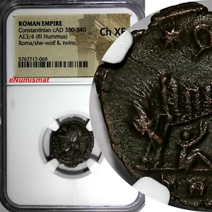 Roman Empire Constantinian BI Nummus AD 330-340 Roma/She-Wolf&Twins NGC ch.XF(9) - Picture 1 of 4