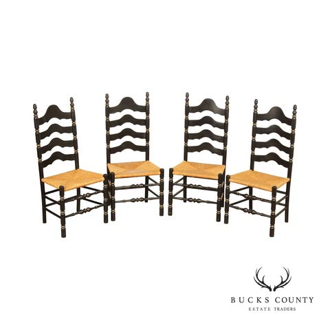 French Country Style Set of 4 Black Painted Rush Seat Ladderback Dining Chairs Cover