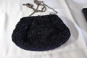 Vintage Black Beaded  Evening bag with chain - Picture 1 of 4