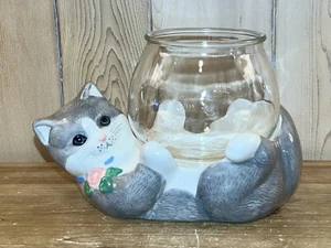 VTG Gray Cat w/Glass Fish Bowl Cookie Treat Jar Treasure Craft No Lid - Picture 1 of 9