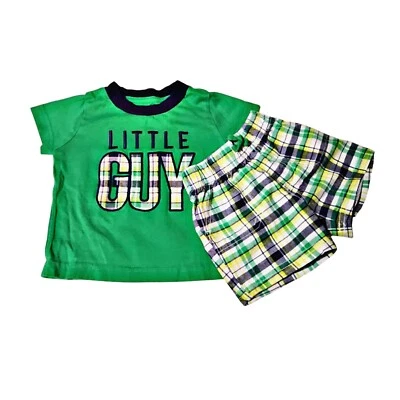 Infant Shirt & Shorts Set Little Guy 3-6 Mo Green Navy Blue Yellow White Plaid - Image 1 of 4