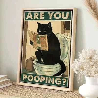 Retro Wall Art Are You Pooping Cat Canvas Eco-Ink Printed For Cafe Slogan Decor - Image 1 of 4