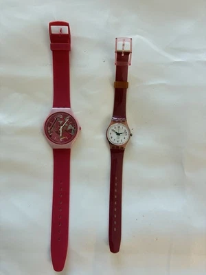 Лот из 2 красный розовый образец кожи унисекс наручные часы кварц не проверен. - Изображение 1 из 4