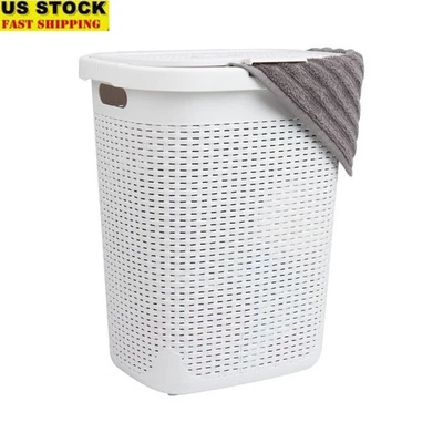 50L Slim Laundry Hamper Plastic Storage Basket W/ Lid & Carrying Handles New - Image 1 of 4