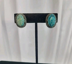 Antik Vintage Sterlingsilber Fayence Ägyptischer Skarabäus Ohrclips - Bild 1 von 12