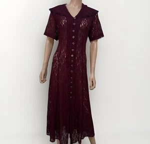 VTG Lace Burgundy Maxi Dress Women’s Size L Short Sleeve - Picture 1 of 20