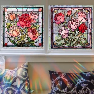 Window Privacy Film, 2 Styles Stained Vintage Rose Flower Decorative Window F... - Picture 1 of 6