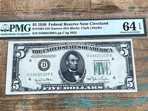 $5 1950 1961-D DA Block Cleveland FRN PMG 64EPQ - NARROW - Picture 1 of 2