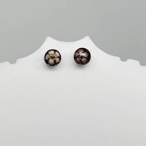 Vintage Dainty Stud Earrings Multi-Color Enamel Cloisonne Floral Round Black - Picture 1 of 6